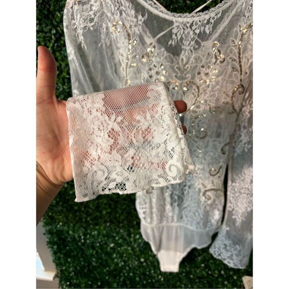 NWT $168 FREE PEOPLE Ready To Party Bodysuit White Embellished Lace Mesh Sheer S - Picture 6 of 9
